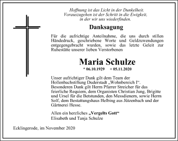 Traueranzeige von Maria Schulze von Thüringer Allgemeine