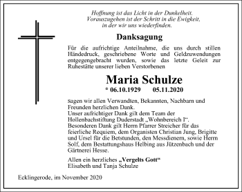 Traueranzeige von Maria Schulze von Thüringer Allgemeine