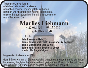 Traueranzeige von Marlies Liehmann von Thüringer Allgemeine