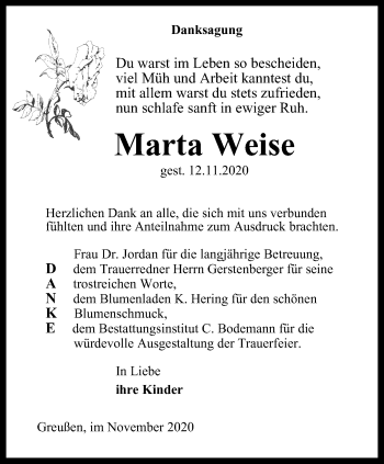 Traueranzeige von Marta Weise