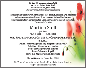 Traueranzeige von Martina Stoll von Thüringer Allgemeine, Thüringische Landeszeitung