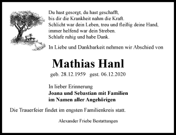 Traueranzeige von Mathias Hanl