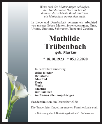 Traueranzeige von Mathilde Trübenbach