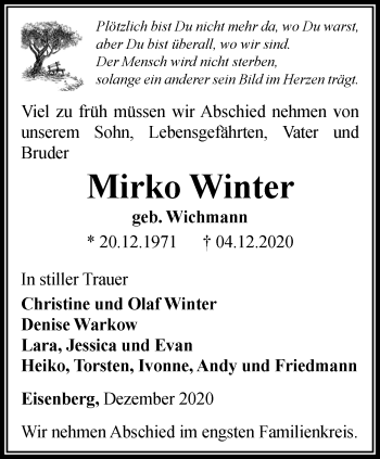 Traueranzeige von Mirko Winter von Ostthüringer Zeitung