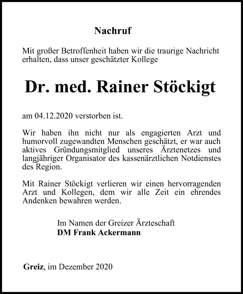  Traueranzeige für Rainer Stöckigt vom 19.12.2020 aus Ostthüringer Zeitung