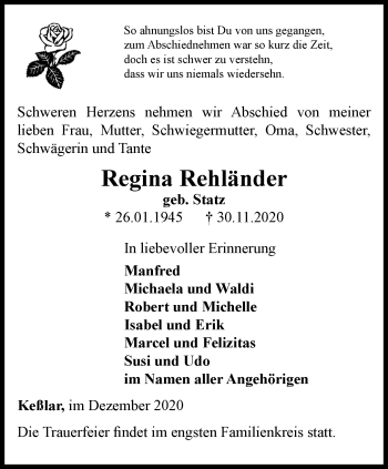Traueranzeige von Regina Rehländer von Thüringer Allgemeine, Thüringische Landeszeitung