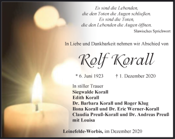 Traueranzeige von Rolf Korall von Thüringer Allgemeine
