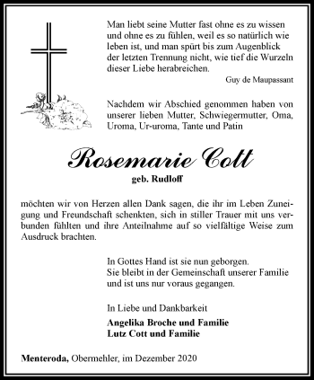 Traueranzeige von Rosemarie Cott von Thüringer Allgemeine, Thüringische Landeszeitung
