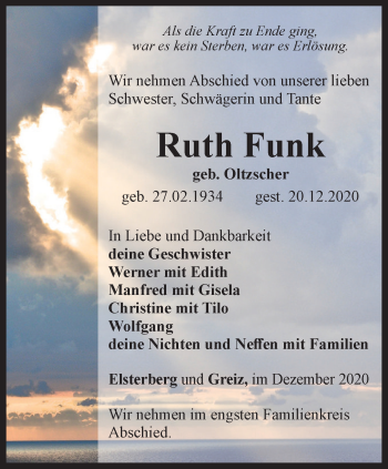 Traueranzeige von Ruth Funk von Ostthüringer Zeitung