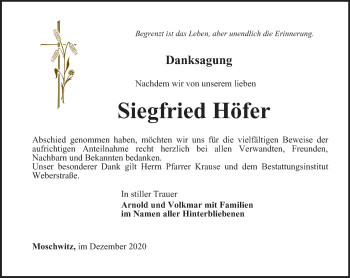 Traueranzeige von Siegfried Höfer von Ostthüringer Zeitung