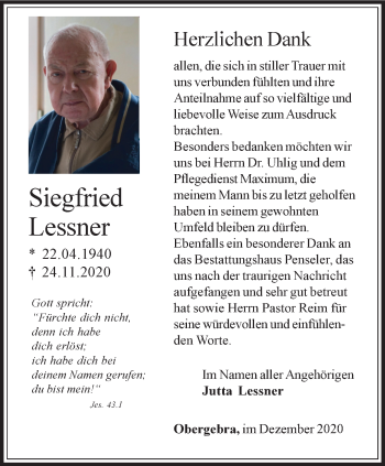 Traueranzeige von Siegfried Lessner von Thüringer Allgemeine