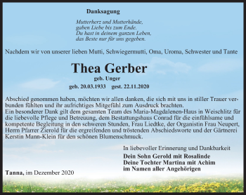 Traueranzeige von Thea Gerber von Ostthüringer Zeitung