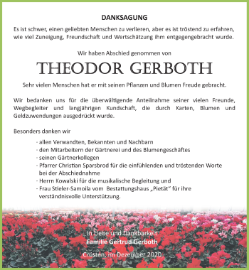 Traueranzeige von Theodor Gerboth von Ostthüringer Zeitung
