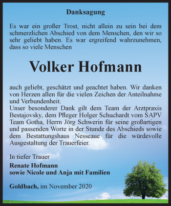 Traueranzeige von Volker Hofmann von Thüringer Allgemeine, Thüringische Landeszeitung