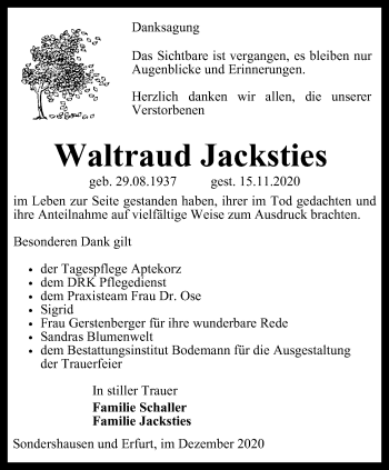 Traueranzeige von Waltraud Jacksties