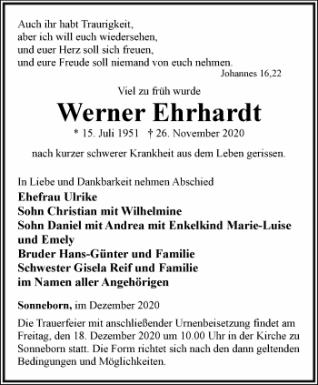 Traueranzeige von Werner Ehrhardt von Thüringer Allgemeine, Thüringische Landeszeitung