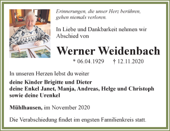 Traueranzeige von Werner Weidenbach von Thüringer Allgemeine, Thüringische Landeszeitung