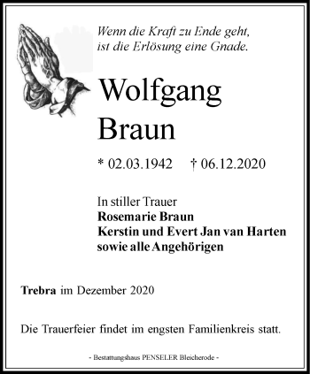 Traueranzeige von Wolfgang Braun von Thüringer Allgemeine