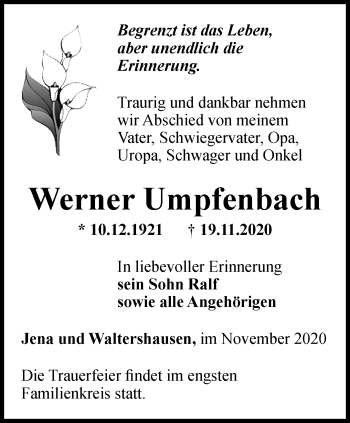 Traueranzeige von Werner Umpfenbach von OTZ