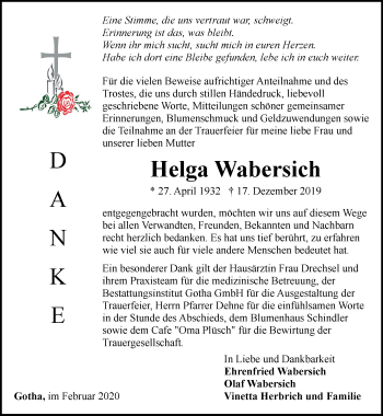 Traueranzeige von Helga Wabersich von Thüringer Allgemeine, Thüringische Landeszeitung, Ostthüringer Zeitung