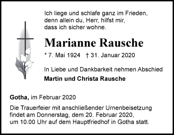 Traueranzeige von Marianne Rausche von Thüringer Allgemeine, Thüringische Landeszeitung, Ostthüringer Zeitung