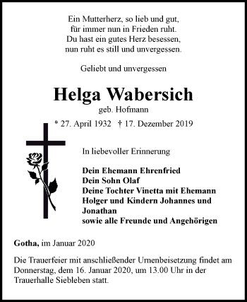 Traueranzeige von Helga Wabersich von Thüringer Allgemeine, Thüringische Landeszeitung, Ostthüringer Zeitung