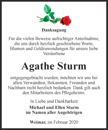 Traueranzeige von Agathe Sturm von Thüringer Allgemeine, Thüringische Landeszeitung