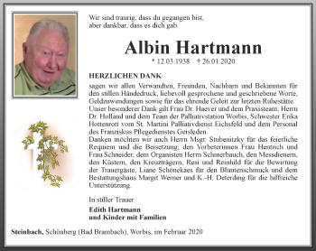 Traueranzeige von Albin Hartmann von Thüringer Allgemeine