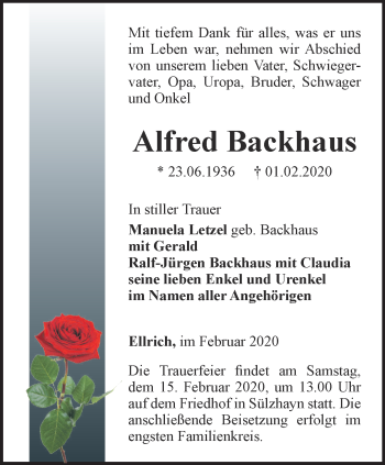 Traueranzeige von Alfred Backhaus von Thüringer Allgemeine