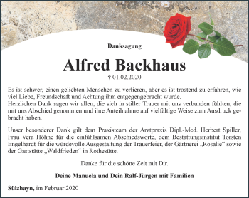 Traueranzeige von Alfred Backhaus von Thüringer Allgemeine