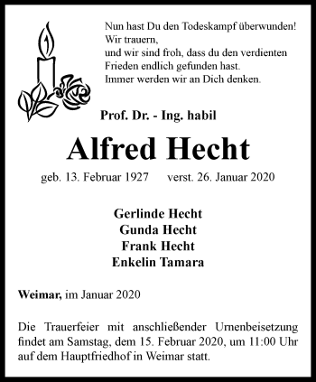 Traueranzeige von Alfred Hecht von Thüringer Allgemeine, Thüringische Landeszeitung