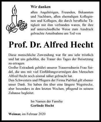 Traueranzeige von Alfred Hecht von Thüringer Allgemeine, Thüringische Landeszeitung