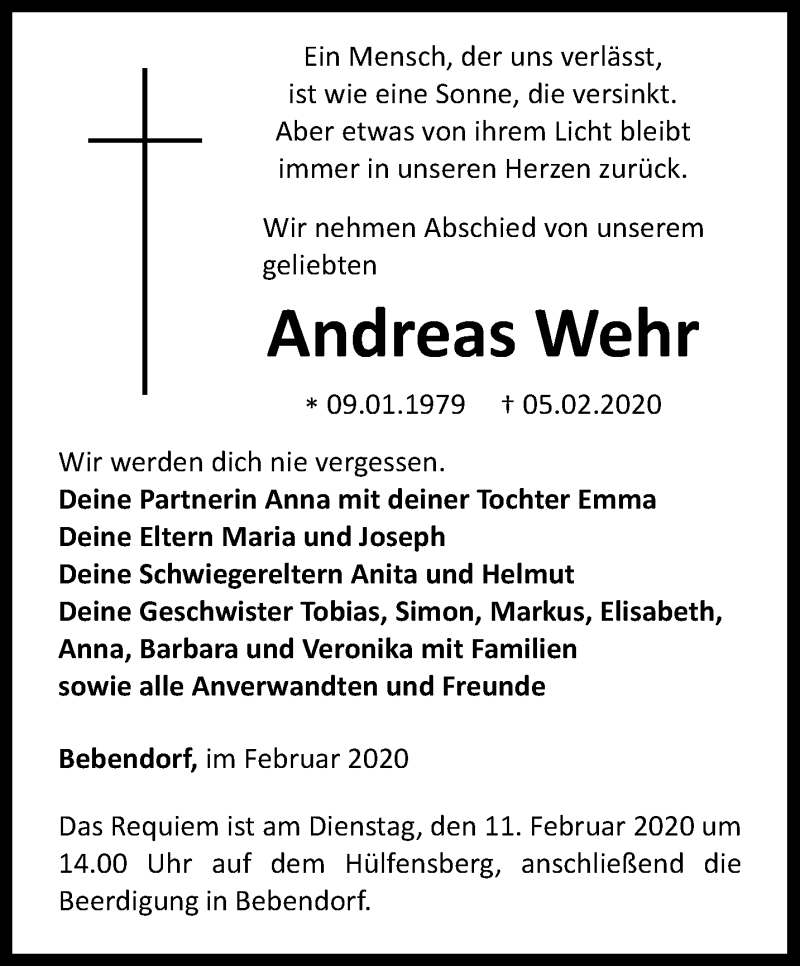  Traueranzeige für Andreas Wehr vom 08.02.2020 aus Thüringer Allgemeine