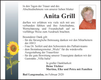 Traueranzeige von Anita Grill von Thüringer Allgemeine, Thüringische Landeszeitung