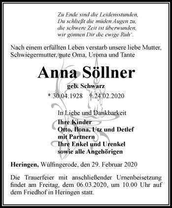 Traueranzeige von Anna Söllner von Thüringer Allgemeine