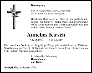 Traueranzeige von Annelies Kirsch von Ostthüringer Zeitung