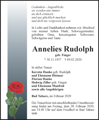 Traueranzeige von Annelies Rudolph von Ostthüringer Zeitung, Thüringische Landeszeitung