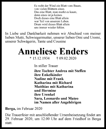 Traueranzeige von Anneliese Enders von Ostthüringer Zeitung