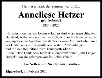 Traueranzeige von Anneliese Hetzer von Ostthüringer Zeitung, Thüringische Landeszeitung