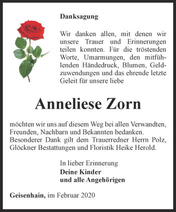 Traueranzeige von Anneliese Zorn von Ostthüringer Zeitung