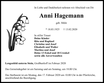 Traueranzeige von Anni Hagemann von Thüringer Allgemeine, Thüringische Landeszeitung