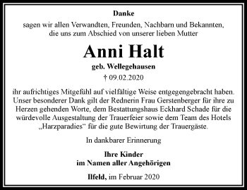 Traueranzeige von Anni Halt von Thüringer Allgemeine