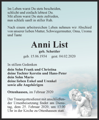 Traueranzeige von Anni List von Thüringer Allgemeine