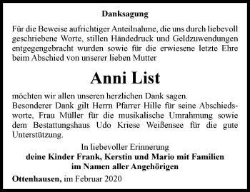 Traueranzeige von Anni List von Thüringer Allgemeine