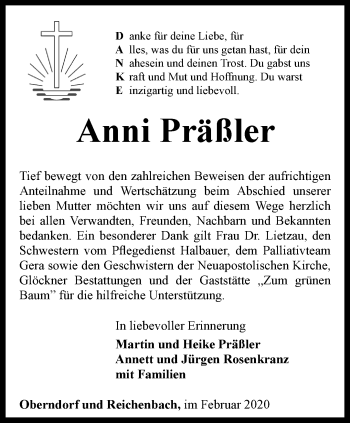 Traueranzeige von Anni Präßler von Ostthüringer Zeitung