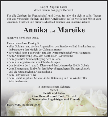 Traueranzeige von Annika und Mareike  von Thüringer Allgemeine