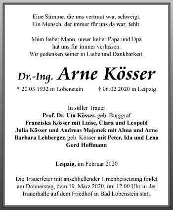 Traueranzeige von Arne Kösser von Ostthüringer Zeitung