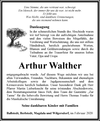Traueranzeige von Arthur Walther von Thüringer Allgemeine, Thüringische Landeszeitung