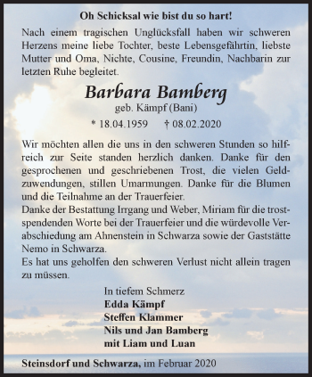 Traueranzeige von Barbara Bamberg von Ostthüringer Zeitung