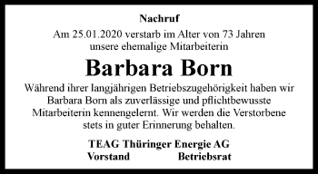 Traueranzeige von Barbara Born von Thüringer Allgemeine, Thüringische Landeszeitung